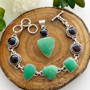 Boho Southwest Jewelry Set Chrysoprase Garnet Bracelet Pendant Handmade New 925